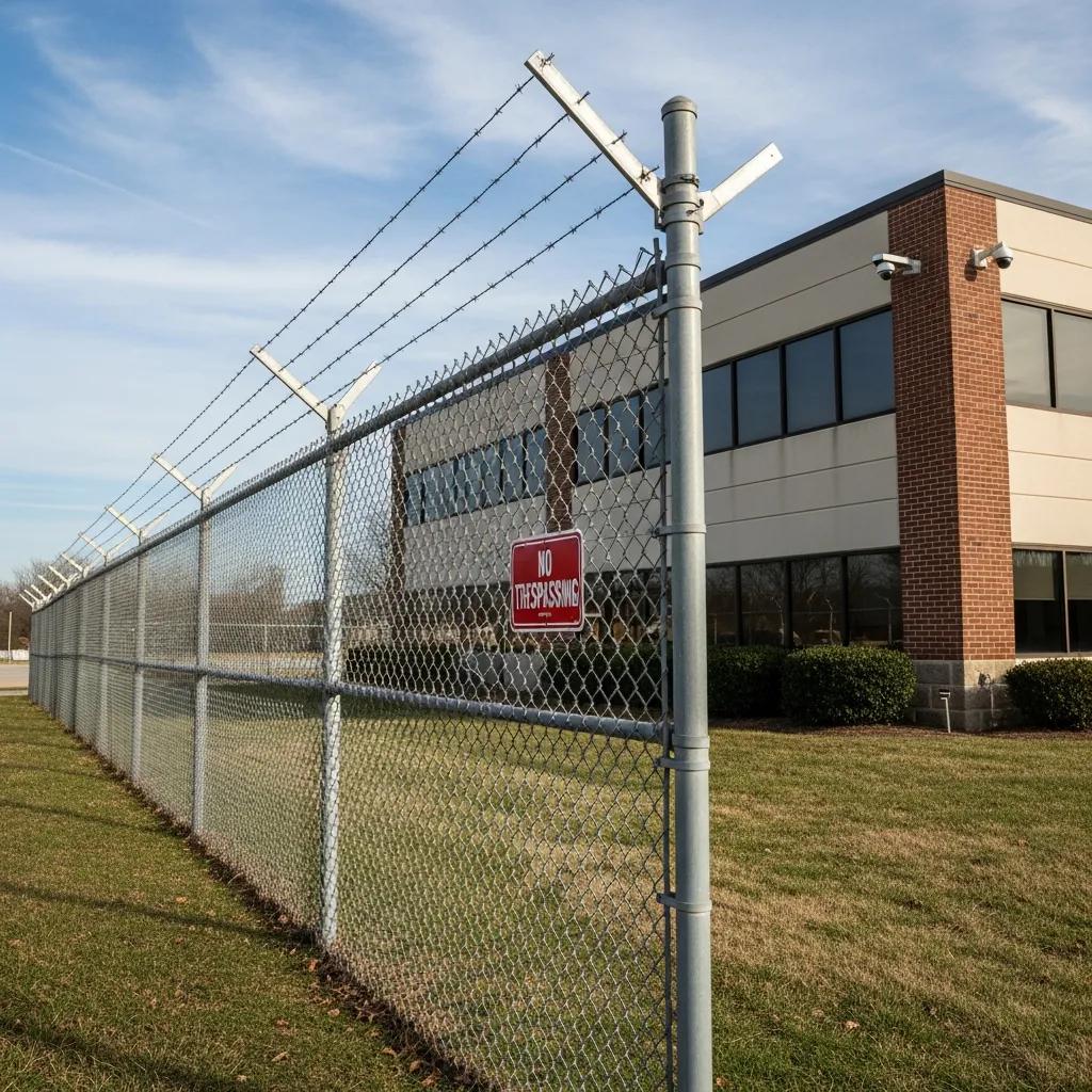 Chain link fence with barbed wire enhancing security for commercial property