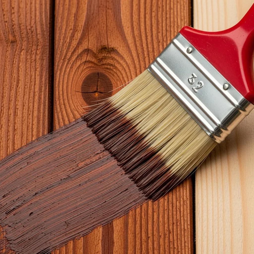 Close-up of a brush applying stain to a wooden fence, demonstrating proper staining techniques