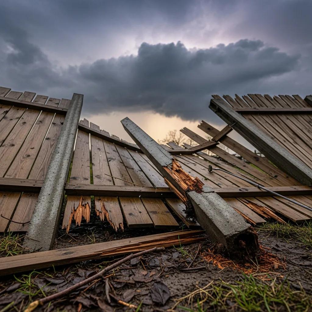 Close-up of a damaged wooden fence showing storm damage signs
