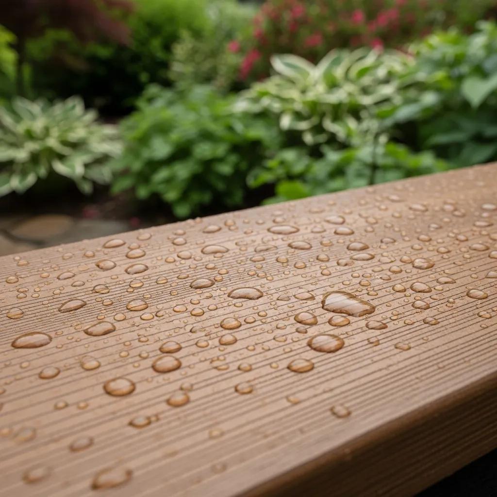Close-up of composite decking showcasing moisture resistance in a North Carolina garden