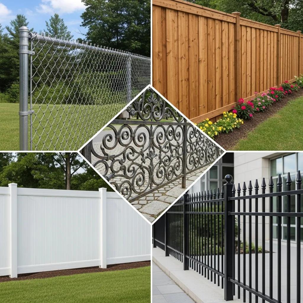 Collage of various commercial fence types including chain-link, wood, vinyl, aluminum, and wrought iron
