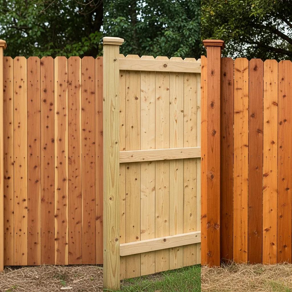 Comparison of cedar, pine, and redwood fences highlighting differences in color, texture, and style