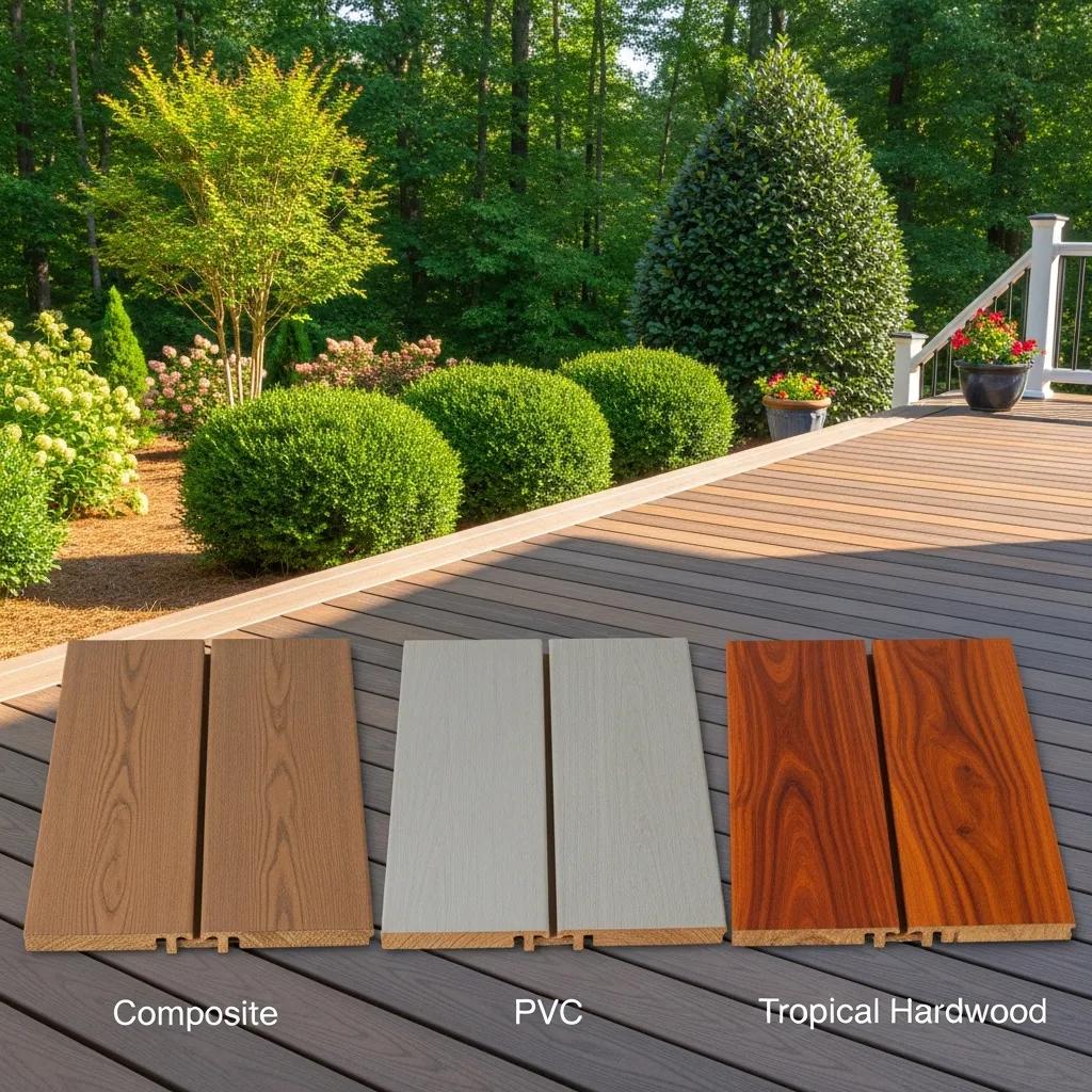 Comparison of deck materials including composite, PVC, and hardwoods in a Burlington outdoor setting