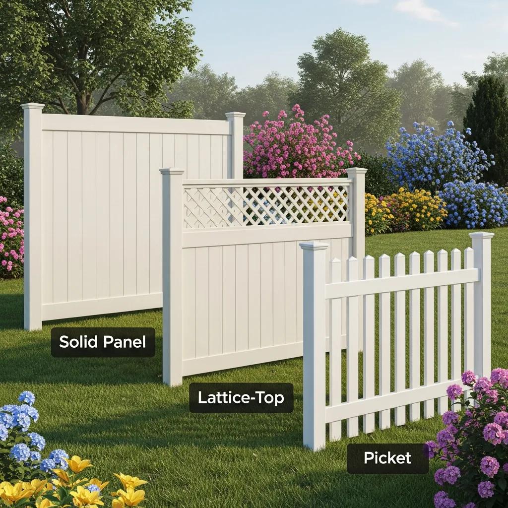Comparison of popular vinyl fence styles including solid panel, lattice-top, and picket in a garden setting