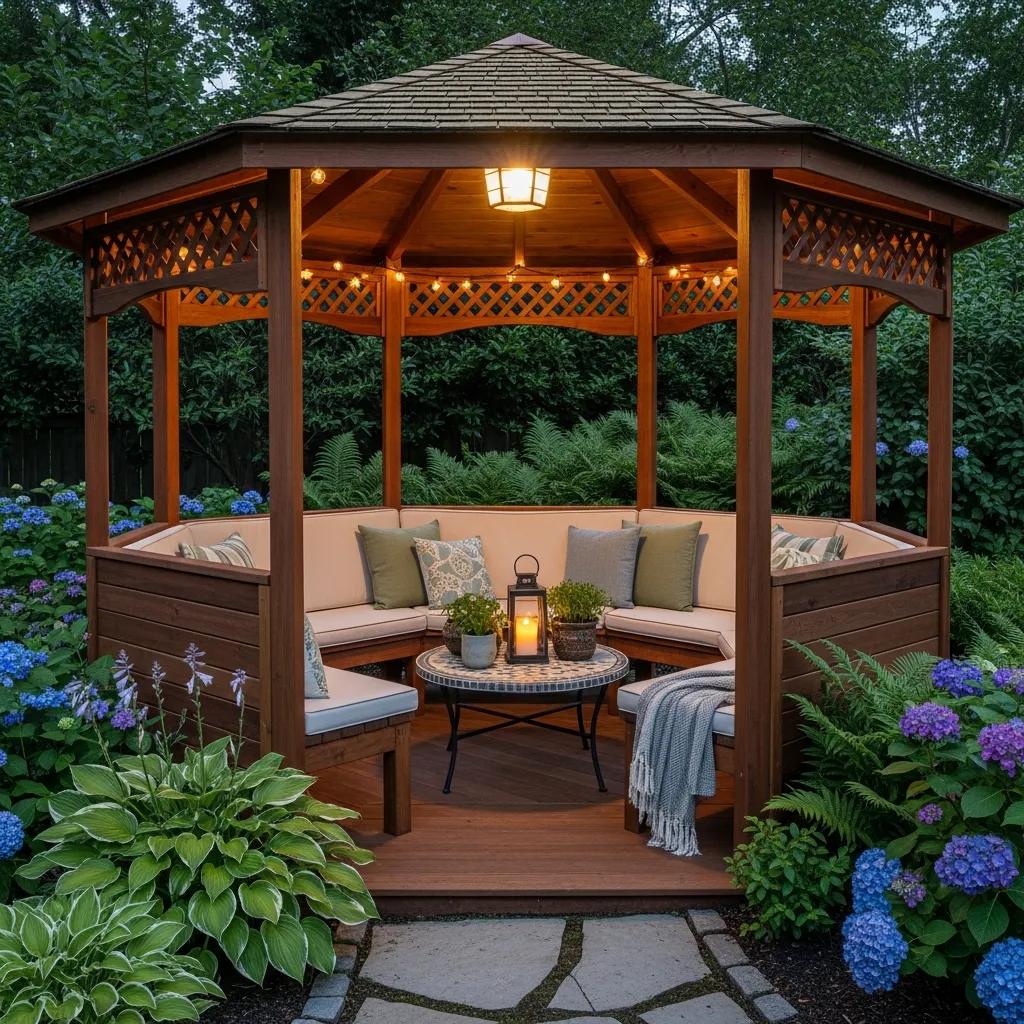 Cozy gazebo designed for entertainment and privacy in a backyard