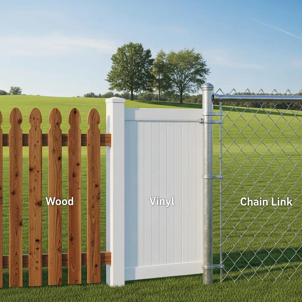 Different types of fencing materials including wood, vinyl, and chain link in an outdoor setting