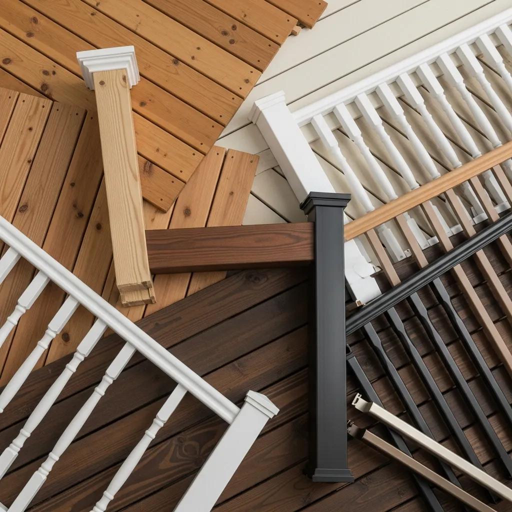 Display of porch materials including wood, vinyl, and aluminum, highlighting textures and colors for construction