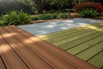 Diverse decking materials in a sunny North Carolina backyard, showcasing composite, wood, and PVC options