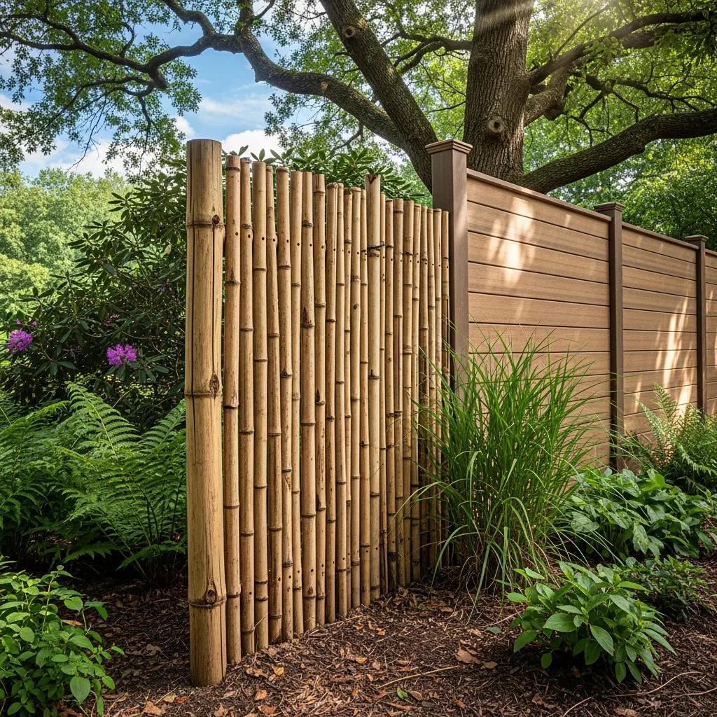 Eco-friendly fencing options including bamboo and recycled composite materials in a natural North Carolina setting