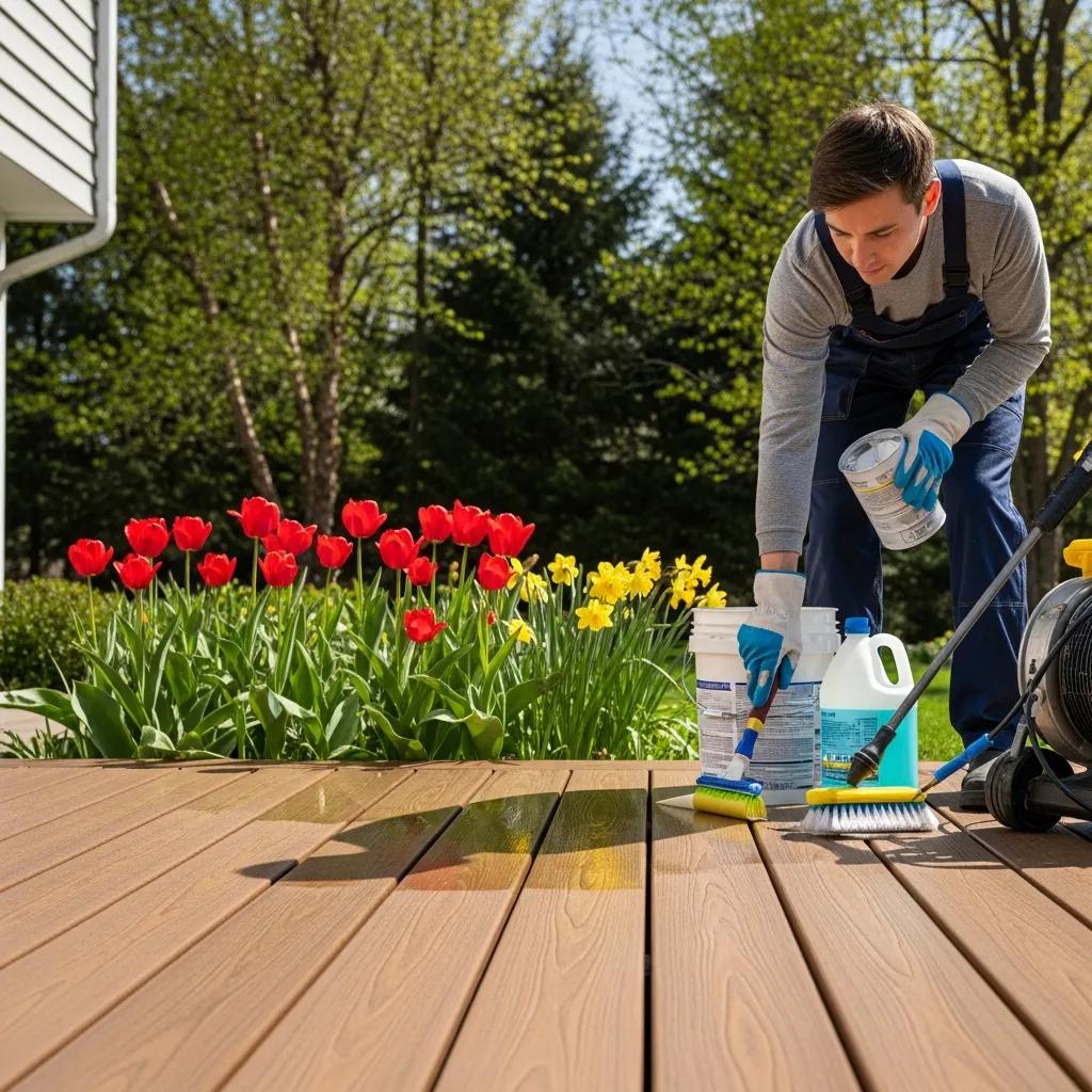 Homeowner cleaning composite deck in spring with blooming flowers