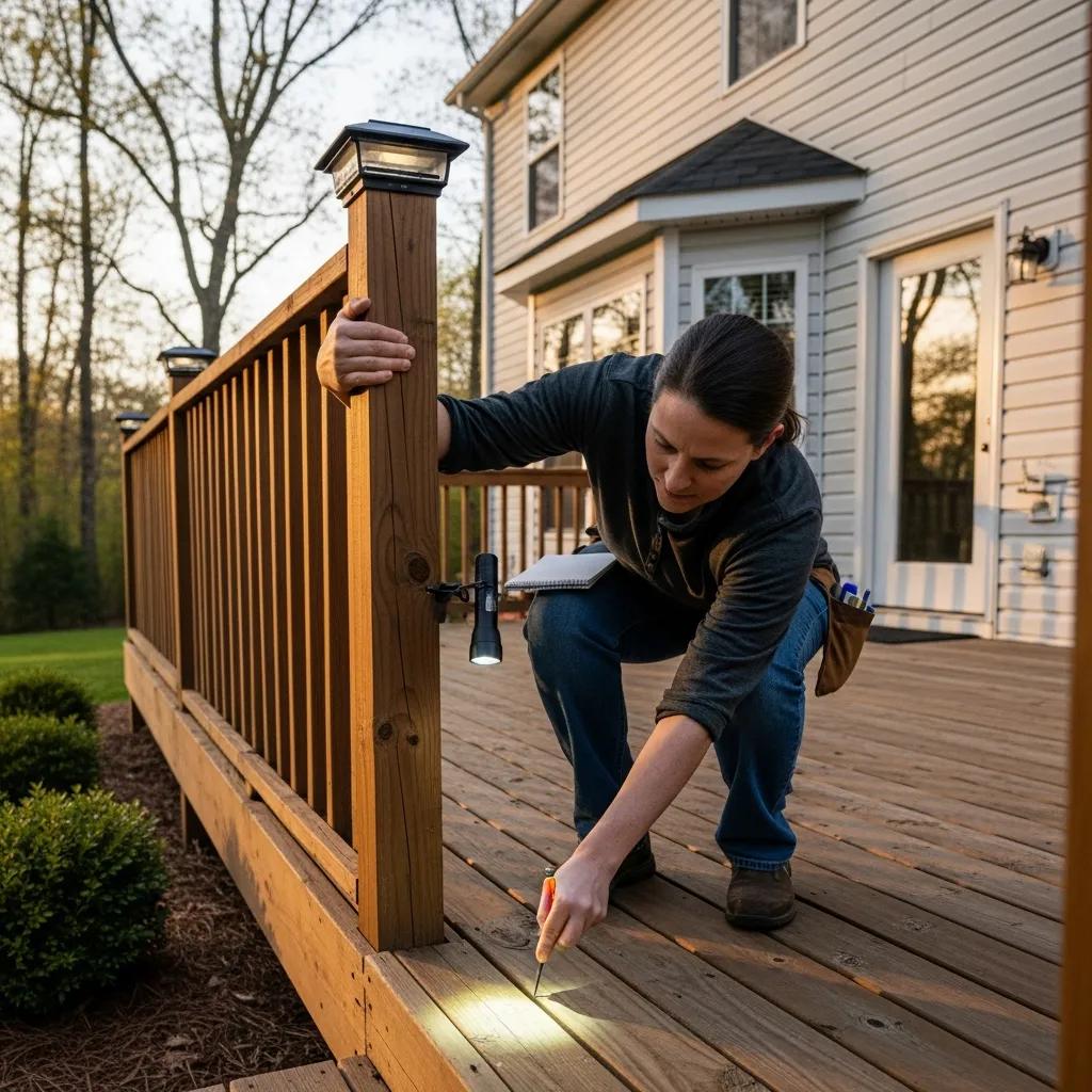 Homeowner conducting a safety inspection on a deck in Alamance County