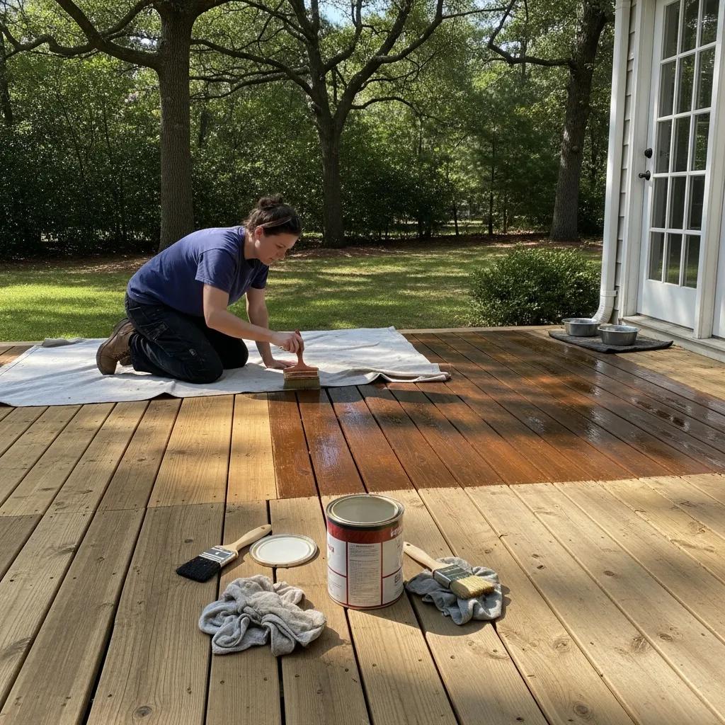 Homeowner maintaining pressure-treated wood deck in a sunny North Carolina backyard