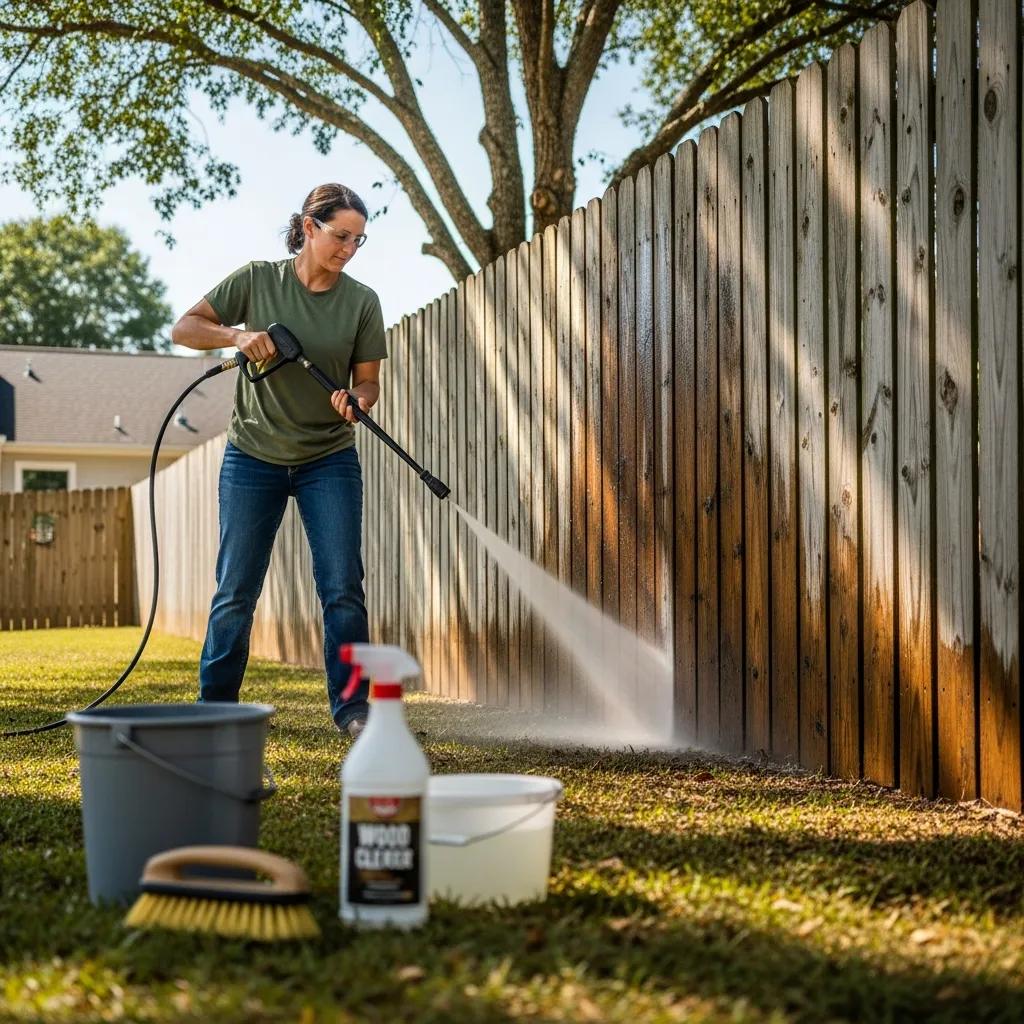 Homeowner pressure washing a wooden fence in Alamance County, preparing for staining