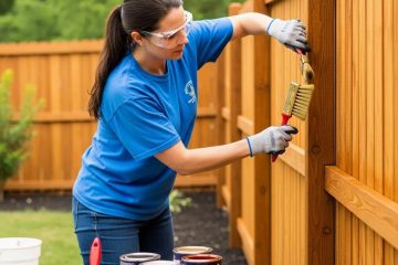 Homeowner staining a wooden fence in Burlington, NC, showcasing DIY home improvement and safety