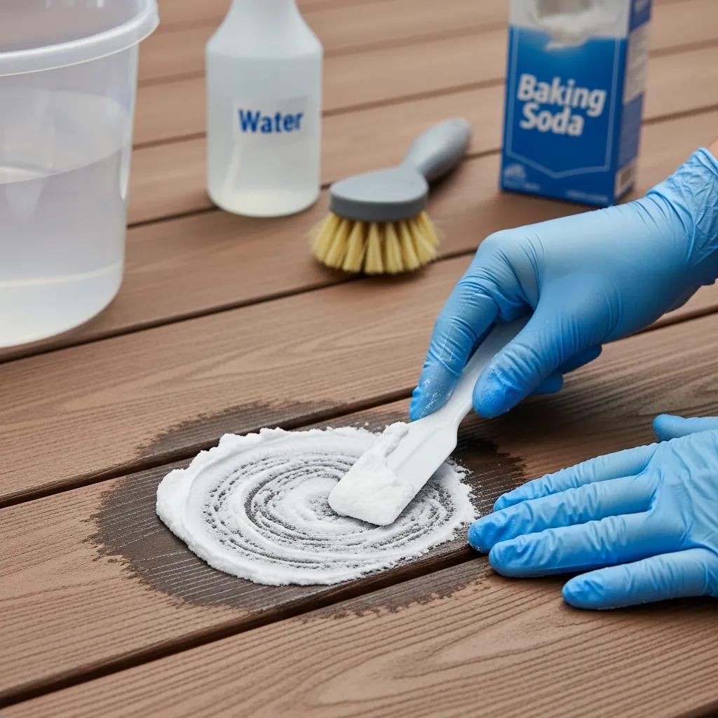 Homeowner using baking soda paste for stain removal on composite deck