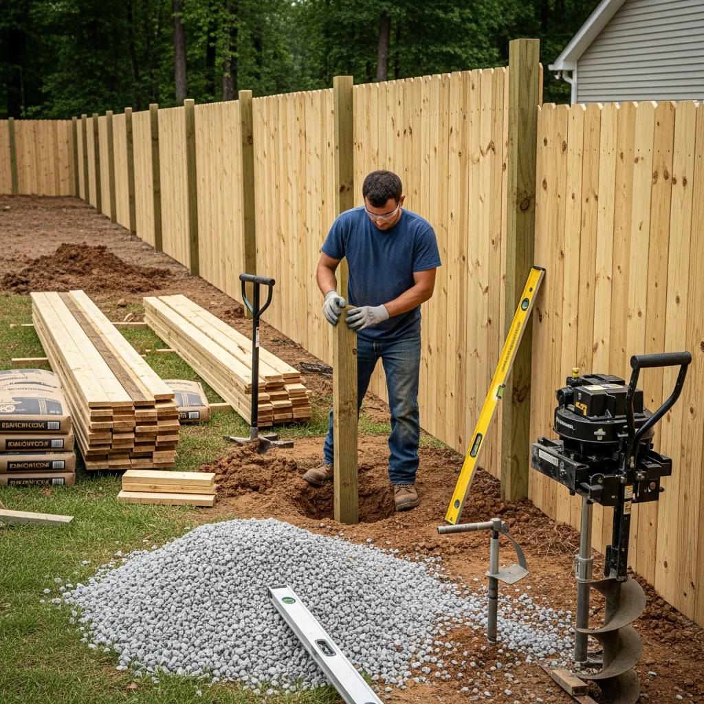 Local contractor installing a wood privacy fence, showcasing the installation process and professionalism