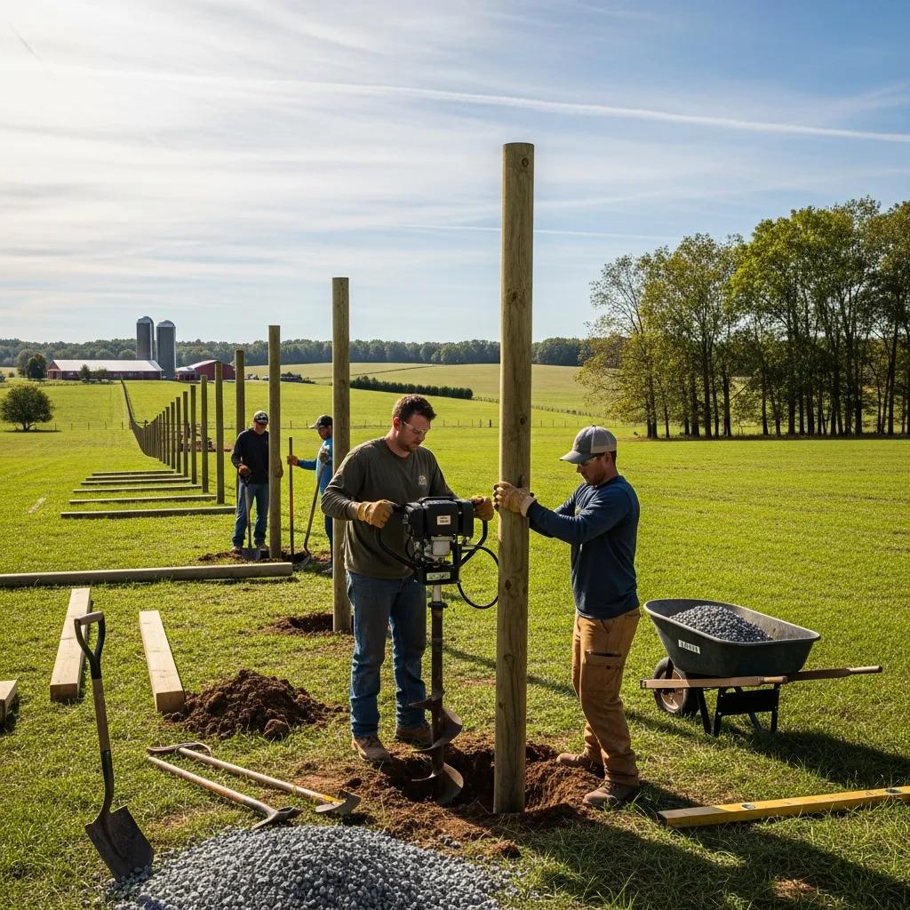 Professional team installing a wooden fence on a farm in Burlington, NC