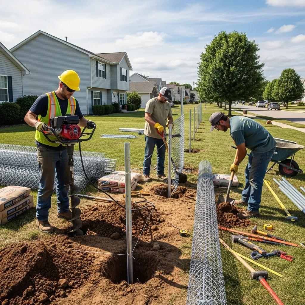 Professional team installing chain link fence in a residential area