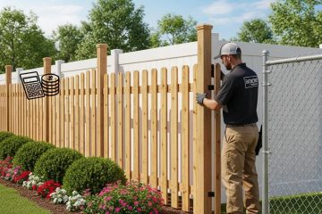 Residential fence installation in Burlington, NC, showcasing various fence types and a professional installer
