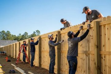 Residential fence installation in Burlington NC with contractors working on a wooden fence