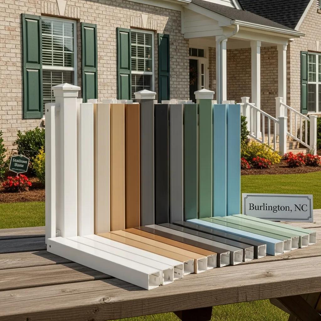 Selection of vinyl fence color samples including white, tan, gray, and custom options on a wooden table