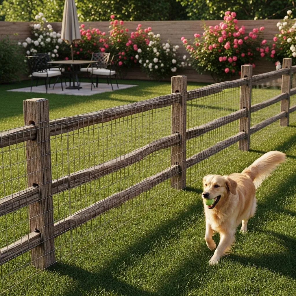 Split rail fence with wire mesh integration in a backyard with a dog