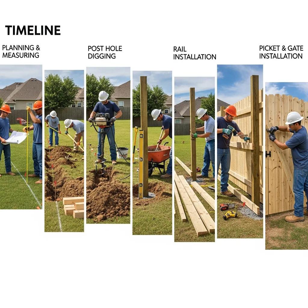 Stages of residential fence installation showing workers engaged in the process in a backyard