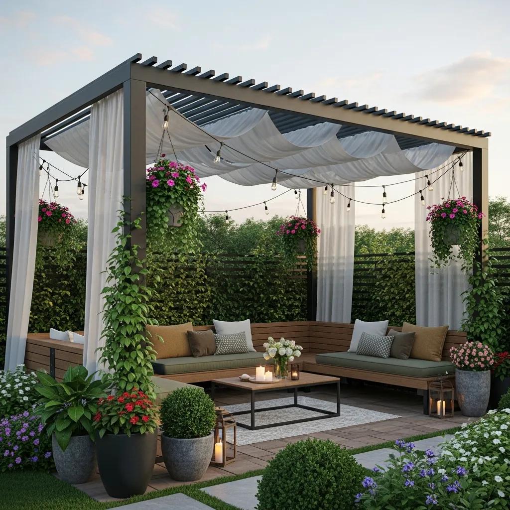 Stylish pergola design with lighting and seating for outdoor gatherings