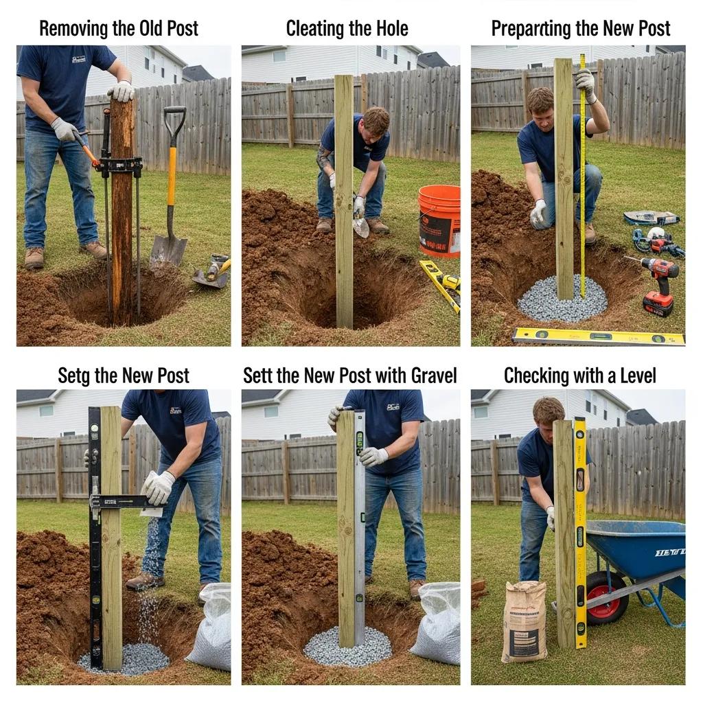Technician demonstrating the fence post replacement process in a residential backyard