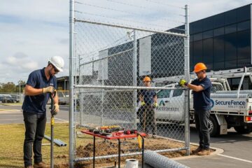 Commercial fence installation team working on chain-link fence in Burlington, NC.