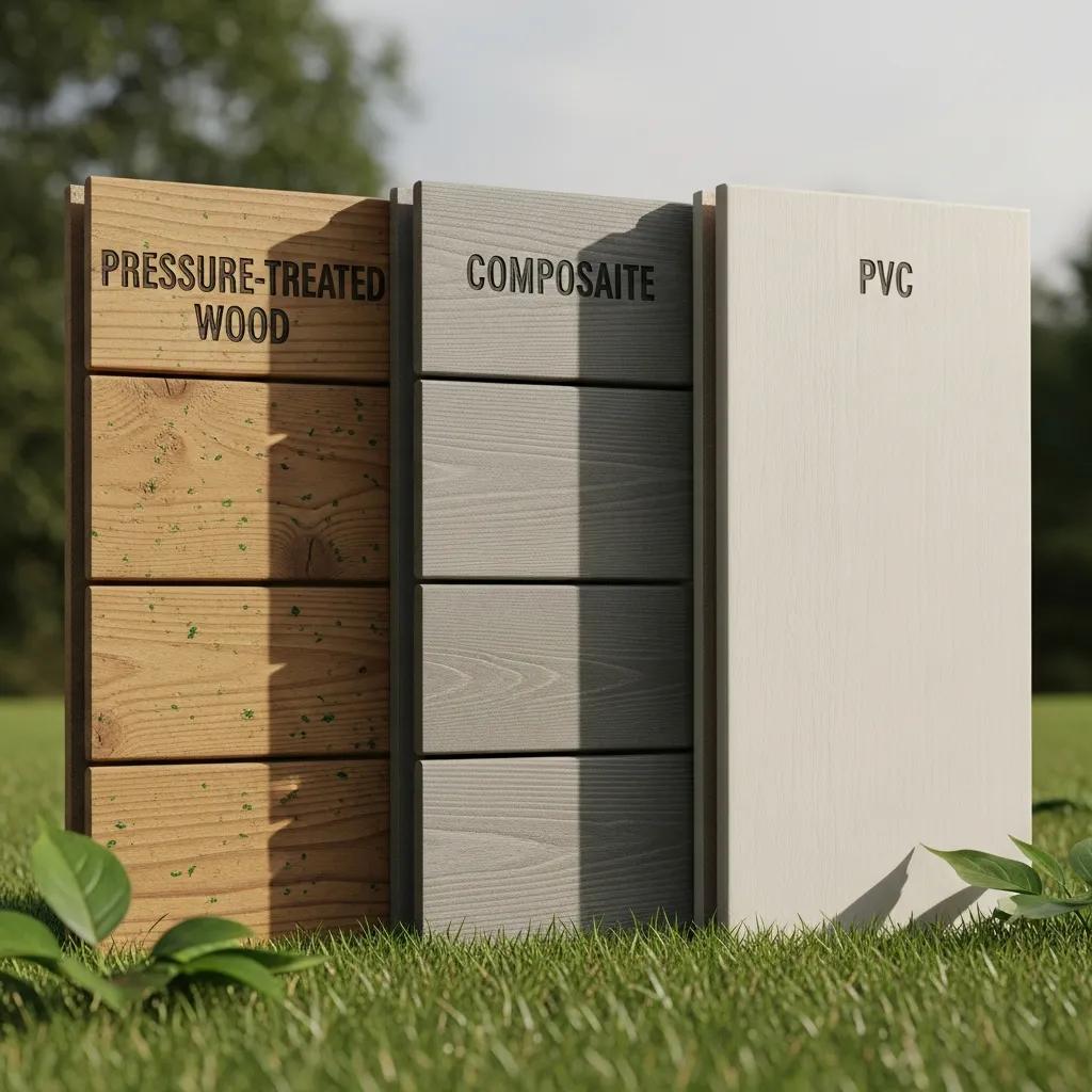 Comparison of deck materials: pressure-treated wood, composite, and PVC options.