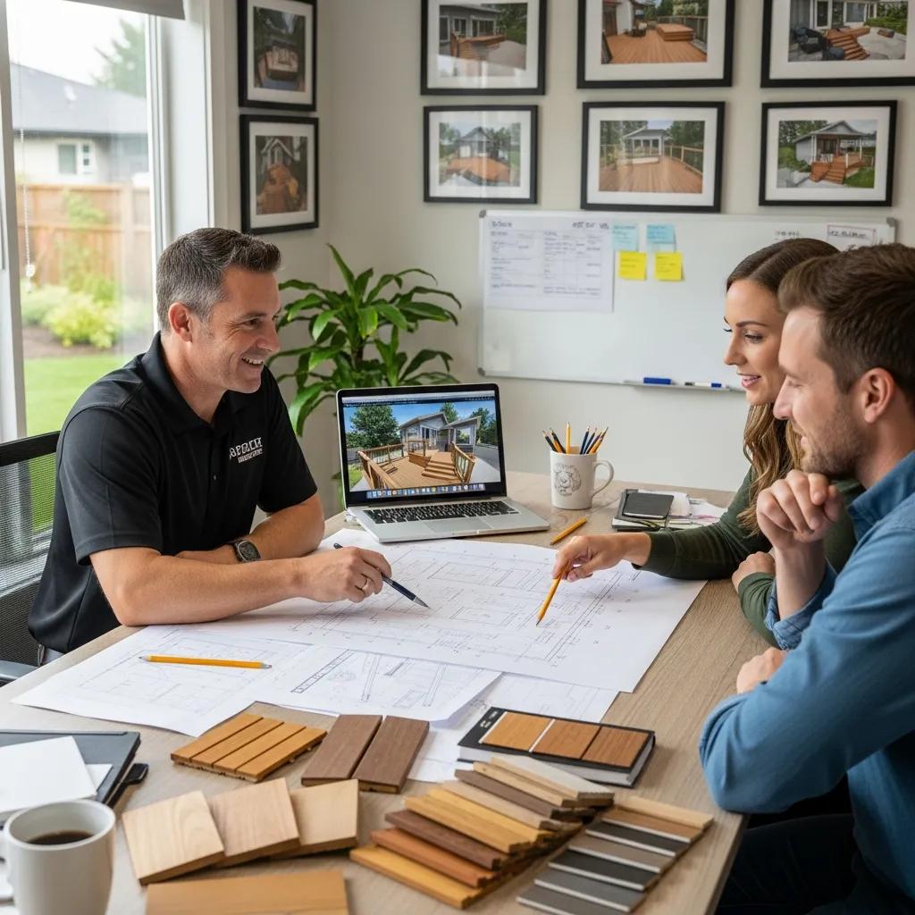 Homeowners and builder discussing custom deck design with Burlington Fence and Deck, reviewing deck plans and material samples.