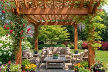 Custom pergola enhancing outdoor living space in Burlington, NC, with seating area and lush landscaping.