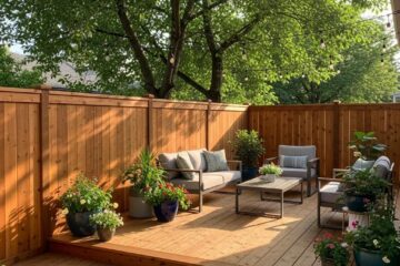 Quality wooden fence and stylish deck installation in a sunny residential backyard.